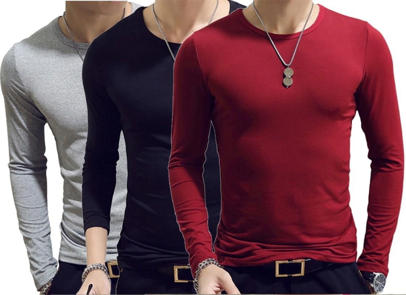 Buy Pack Of 3 O-Neck FULL Sleeves Black Maroon Gray T Shirts for Men in ...