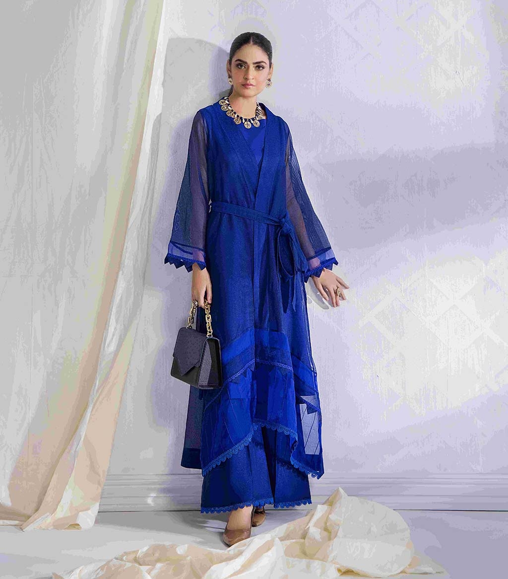 Buy Bluebell 3pc stitched Khaadi Net Sleeveless shirt with Open Gown By ...