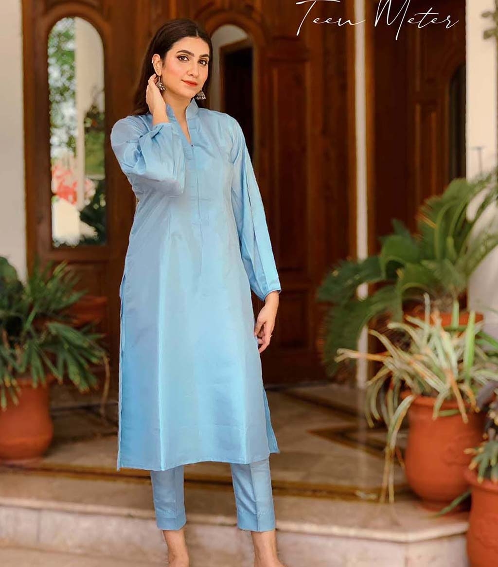 Buy Ready To Wear Sky Blue 2pc Silk Suit For Women By Teen Meter in ...