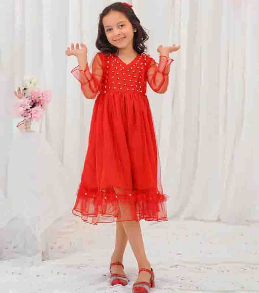 Buy Red Ruby Pearl style Net frock girls Dress by Modest in Pakistan